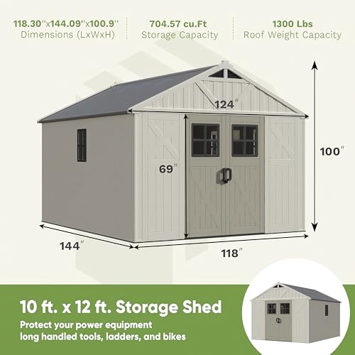 10x12 FT Resin Outdoor Storage Shed with Floor and Skylight