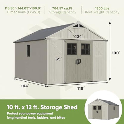 10x12 FT Resin Outdoor Storage Shed with Floor and Skylight