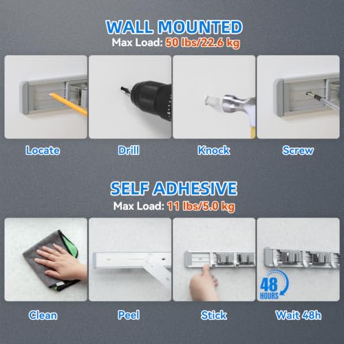 Broom Holder Wall Mount Mop Hanger Tools organizer 4Racks 5Hooks