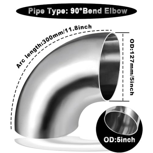 Cotonake OD 5 Inch 90 Degree SS304 Stainless Steel Bend Tube Exhaust Elbow Pipe for Car Modified Exhaust System 5" Piping Silver Tone