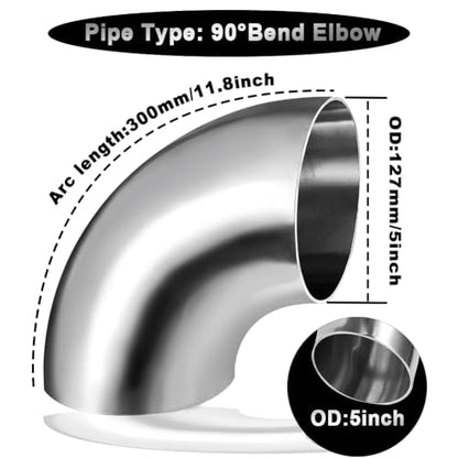 Cotonake OD 5 Inch 90 Degree SS304 Stainless Steel Bend Tube Exhaust Elbow Pipe for Car Modified Exhaust System 5" Piping Silver Tone