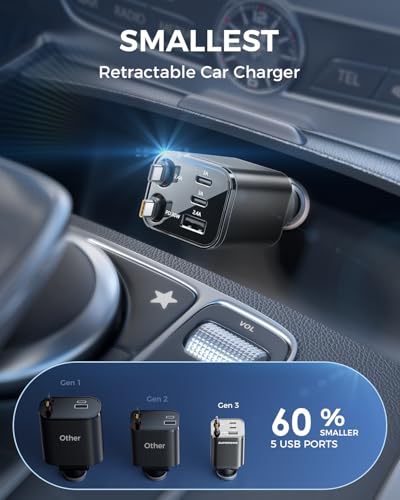 2026 Ultra Compact SUPERONE Retractable Car Charger with Dual Type C Cables