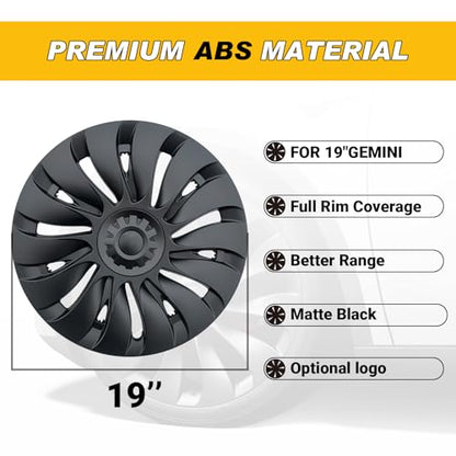 Wheel Covers 19 Inch Compatible with Tesla Model Y Accessories 2024 2023 2022 2021 Matte Black ABS Hubcaps Rim Protector Replacement（Not Fit for Model Y Juniper）