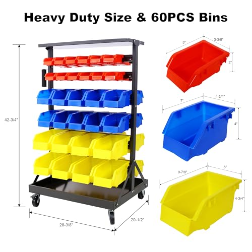 60 Parts Bin Rack Garage Storage Unit 6 Tiers System Steel Shelf with Portable Wheels