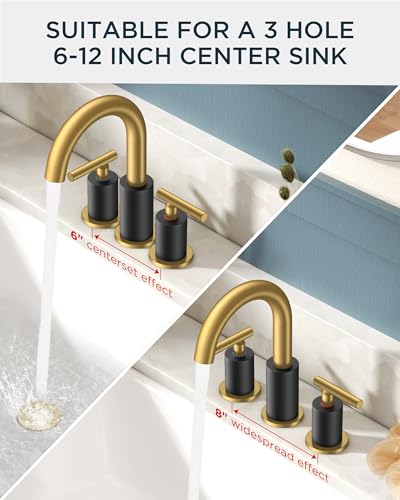 Bathroom Sink Faucet 3 Hole Black and Gold 8 Inch Widespread