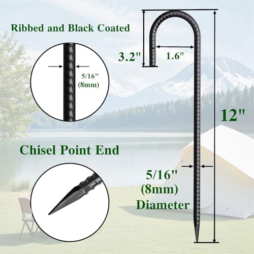 12 Inch Rebar Stakes 50 Pack J Hook Ground Stakes Heavy Duty Chain Link Fence Stakes Galvanized Anchors Metal Tent Stakes for Wire Fencing Concrete Forming Trampolines Camping Canopies Shed Swing (50 Count)