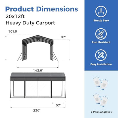 20X12 FT Heavy Duty Metal Carport Canopy with Triangle Frame Base