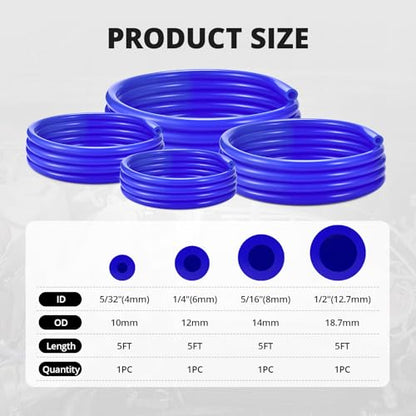 5/32 1/4 5/16 1/2 Silicone Vacuum Tubing Hose Line Kit 5FT 130PSI Max Pressure Blue (4mm 6mm 8mm 12.7mm)
