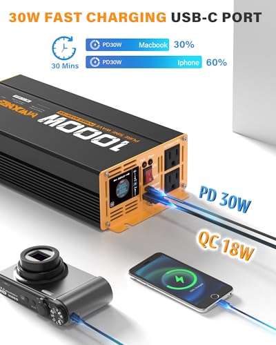 1000W Pure Sine Wave Power Inverter 12V DC to 110V 120V AC Converter with 2 AC Outlets