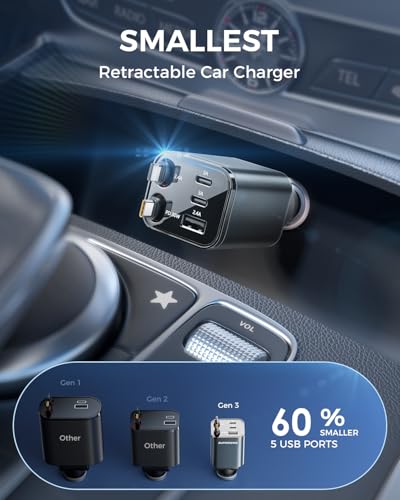 2026 Compact SUPERONE Retractable Car Charger with USB C & Apple Cables