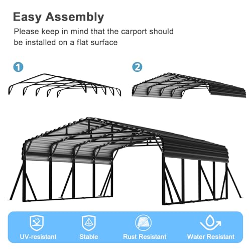 20x20 FT Metal Carport with Extra 6 Side Reinforcement Support Rods