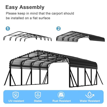 20x20 FT Metal Carport with Extra 6 Side Reinforcement Support Rods