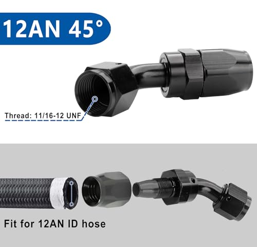 Swivel 12AN Fitting 45 Degree For CPE Braided Hose End Black 2Pcs (2 Count)