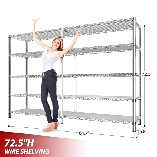1500LBS Storage Shelves 61.7''W Wire Shelving Unit 5 Tier Metal Shelving for Storage Rack Shelves Heavy Duty Garage Shelf Pantry Shelves Kitchen Shelving (5 Count)