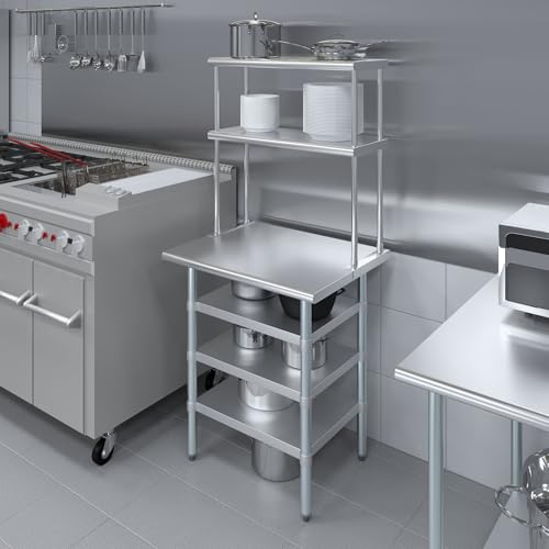 24" x 30" Stainless Steel Work Table with 3 Shelves and 12" Wide Double Tier Overshelf