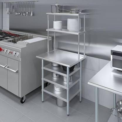24" x 30" Stainless Steel Work Table with 3 Shelves and 12" Wide Double Tier Overshelf