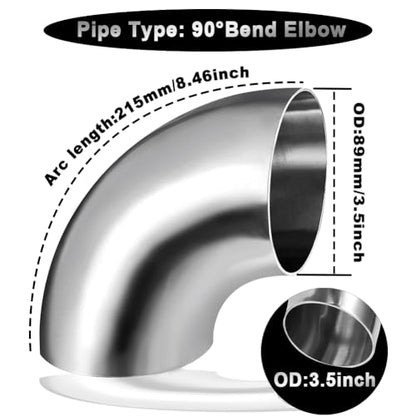 Cotonake OD 3.5 Inch 90 Degree SS304 Stainless Steel Bend Tube Exhaust Elbow Pipe for Car Modified Exhaust System 3.5" Piping Silver Tone