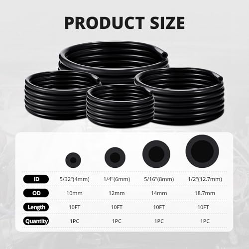 5/32 1/4 5/16 1/2 Silicone Vacuum Tubing Hose Line Kit 10FT 130PSI Max Pressure Black (4mm 6mm 8mm 12.7mm)
