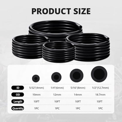 5/32 1/4 5/16 1/2 Silicone Vacuum Tubing Hose Line Kit 10FT 130PSI Max Pressure Black (4mm 6mm 8mm 12.7mm)