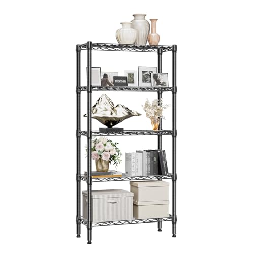 1250 lbs 5 Tier Shelf Metal Storage Shelves Wire Rack Closet Organizers for Garage Kitchen Bathroom Laundry Black 11.8" D x 29.5" W x 59.5" H (5 Count)
