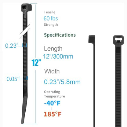 12 Inch Black Zip Ties 1200 PCS (1200 Count)
