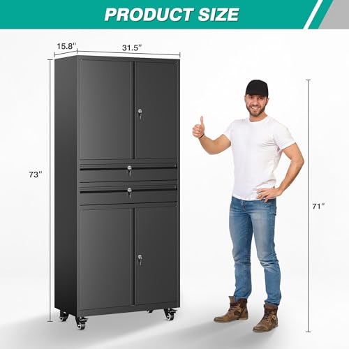 Metal Storage Cabinet with Wheels and Drawers