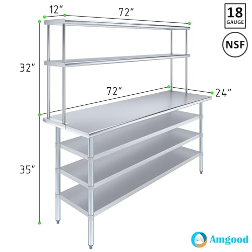 24" x 72" Stainless Steel Work Table with 3 Shelves and 12" Wide Double Tier Overshelf