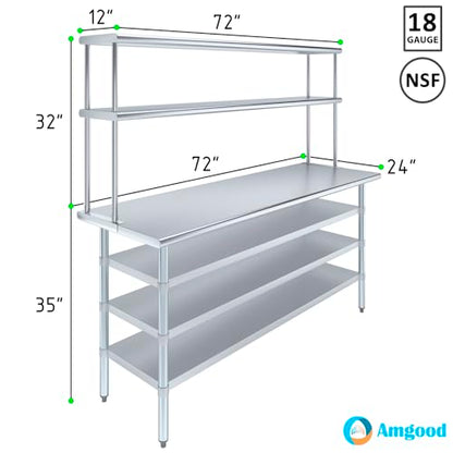 24" x 72" Stainless Steel Work Table with 3 Shelves and 12" Wide Double Tier Overshelf