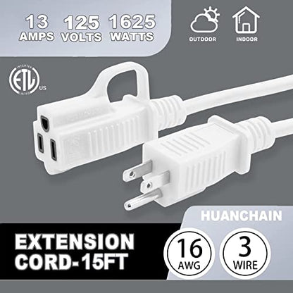Indoor Outdoor White Extension Cord 15 FT Waterproof 16
