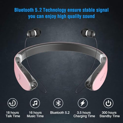 Foldable Bluetooth Headphones Wireless Neckband Headset with Retractable Earbuds