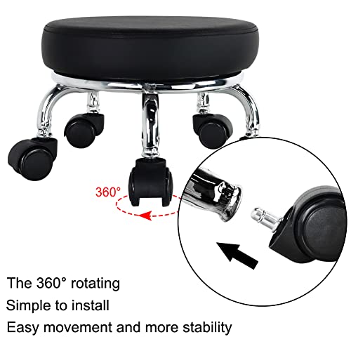 Modern Roller Seat PU Leather Low Round Rolling Stool 360° Swivel Small Seat with Universal Wheels Foot Stool for Home Office Garage Shop Fitness Sport H：8.6" （Black）