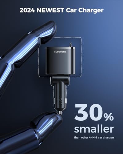 Smaller 4 in 1 Retractable Car Charger with Dual Type C Cords