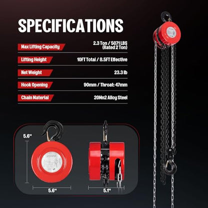 Hand Chain Hoist 2 Ton 4400 Lbs Capacity 10 Feet with 2 Hooks