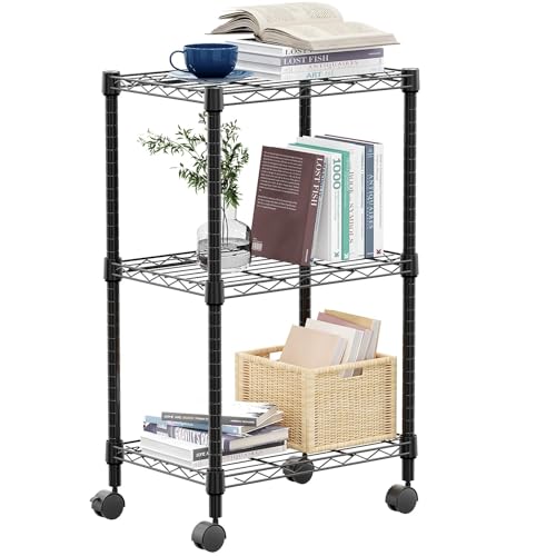 3 Tier Shelf Metal Storage Shelves Wire Rack Closet Organizers with Wheel for Garage Kitchen Bathroom Laundry Black 11.8" D x 17.7" W x 29.8" H