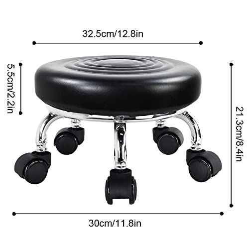 Modern Roller Seat PU Leather Foot Stool Low Round Rolling Stool 360° Step Stool Swivel Small Seat with Universal Wheels for Home Office Garage Shop Fitness Sport H：8.4" （Black）