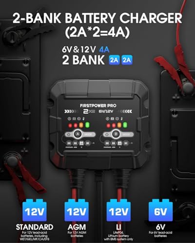 2-Bank, 4A (2A/Bank) Trickle Charger for Car Battery, 12V 6V Car Battery Charger, Automotive Battery Trickle Charger, Maintainer, for Motorcycle Lawn Mower AGM, Lithium Batteries - 1PC