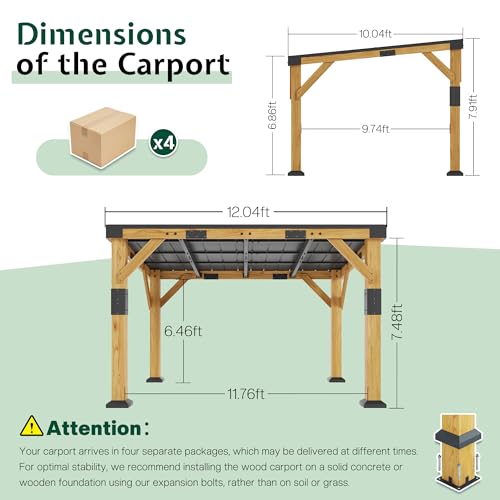 10x12x8 FT Cedar Wood Carport with Sloped Galvanized Steel Roof