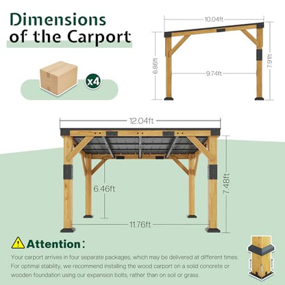 10x12x8 FT Cedar Wood Carport with Sloped Galvanized Steel Roof
