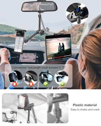 Rearview Mirror Tablet Holder for Car [Metal Magic Arm] Universal Metal Clip Rear View Mirror Tablet Mount