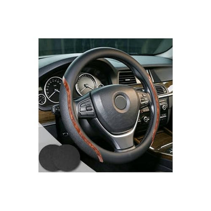 Black Steering Wheel Cover Wood Grain Leather Universal 14.5" (3 Count)