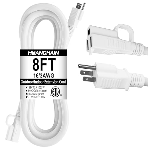 Indoor Outdoor White Extension Cord 8 FT Waterproof 16