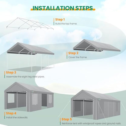 12x20 FT Heavy Duty Carport with Galvanized Frame