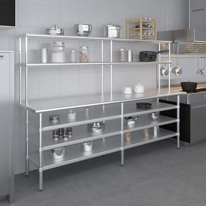 24" x 60" Stainless Steel Work Table with 3 Shelves and 12" Wide Double Tier Overshelf