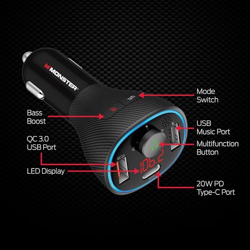 Monster Bluetooth FM Transmitter for Car Cigarette Lighter with 20W QC3.0 USB A & USB C PD Charger