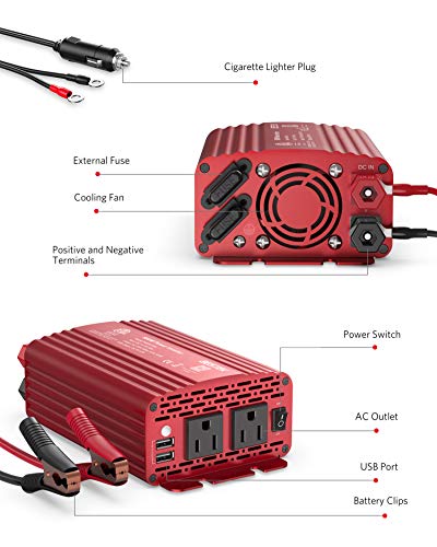 500W Power Inverter DC 12V to 110V AC Converter with Alligator Battery Clamp 4.8A Dual USB Car Charger ETL Listed