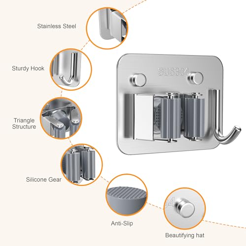4 Pack Stainless Steel Heavy Duty Broom Holder Wall Mount with Hook (4 Count)