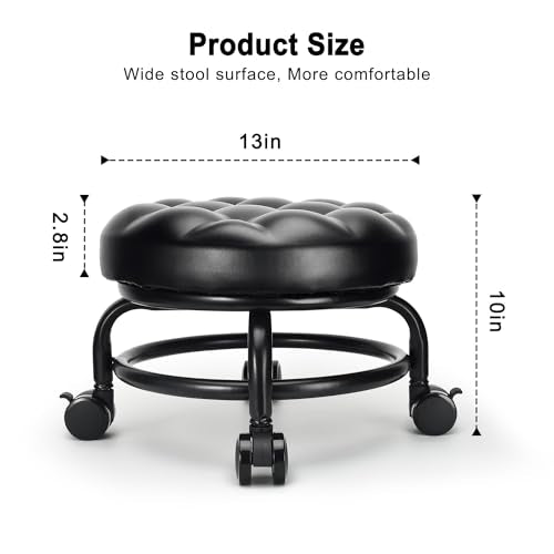 Low Height Rolling Stool Roller Stool PU Leather Comfortable Seat 360°Swivel Rotating