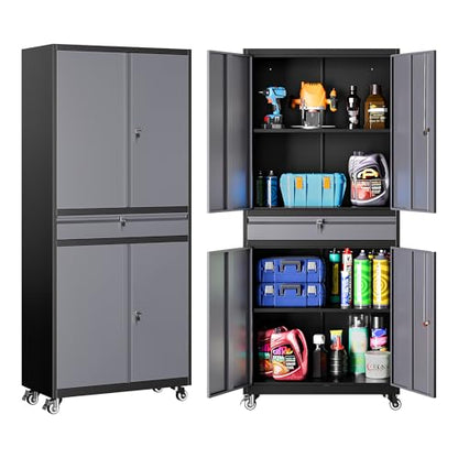 Metal Garage Storage Cabinet with Wheels and Drawer