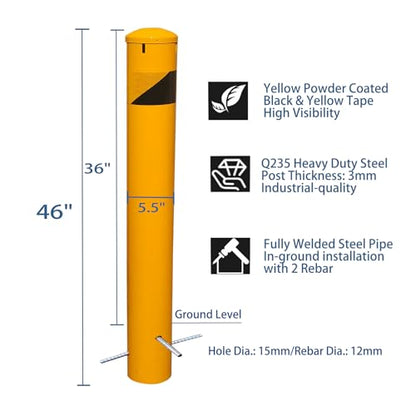 46" High Pour in Place Steel Bollard Post with Removable Cap