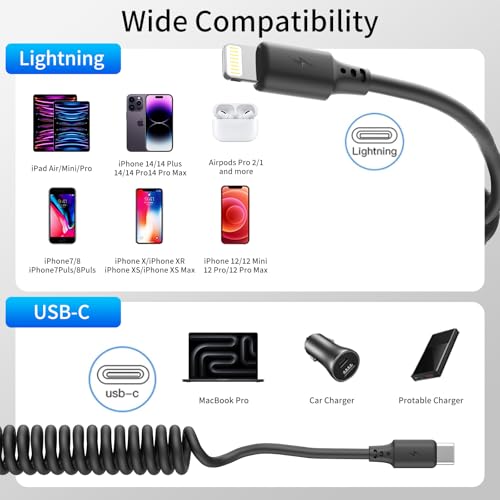 Coiled USB C to Lightning Cable (2 Count)